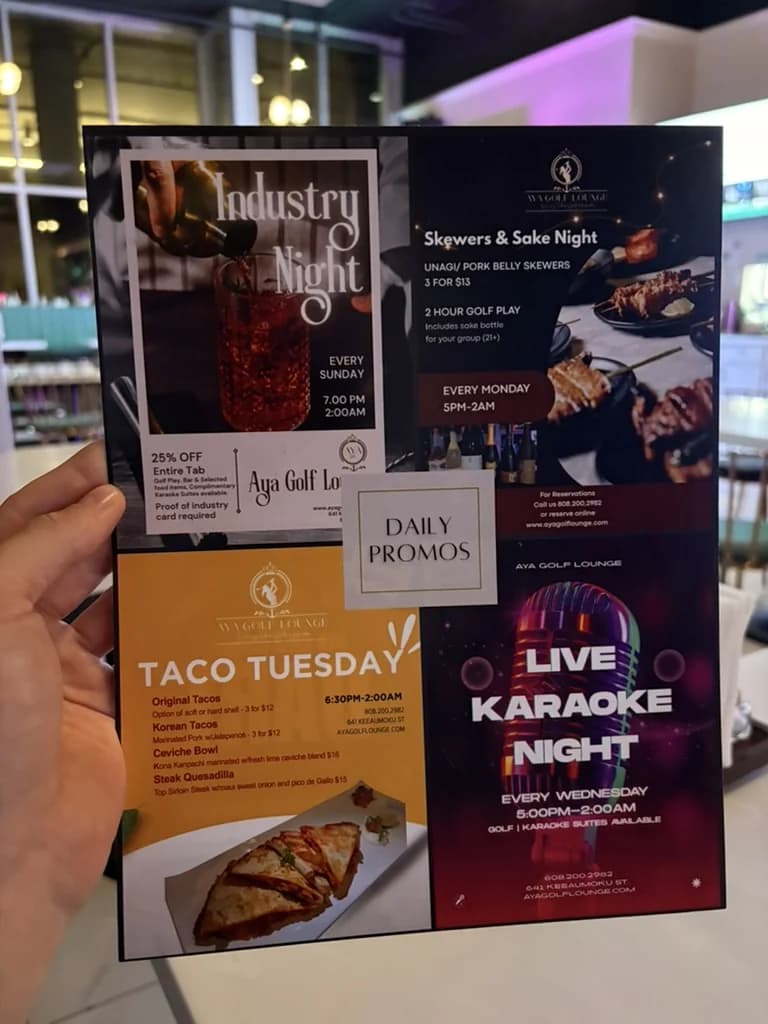 Aya Golf Lounge weekly events board listing themed nights — Industry Sunday, Skewers Monday, Taco Tuesday, Karaoke Wednesday, GLOW Thursday, Beats & Eats Friday