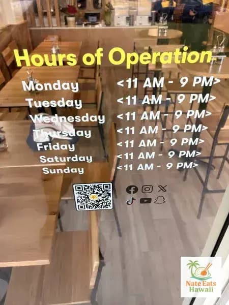 Pepper Lunch Hawaii hours of operation sign showing 11 AM to 9 PM daily