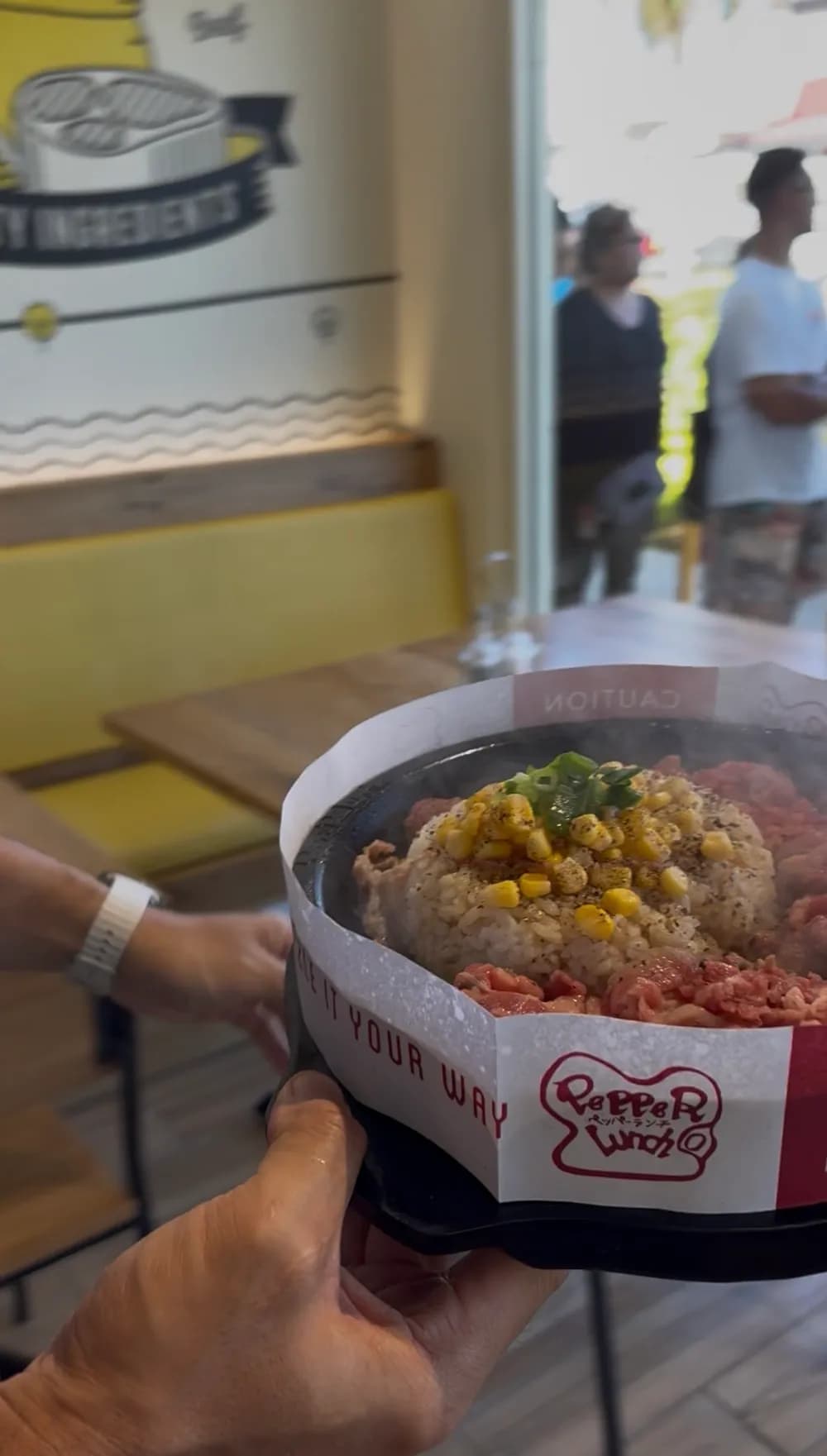 Beef Pepper Rice on the 500°F sizzling plate at Pepper Lunch Hawaii