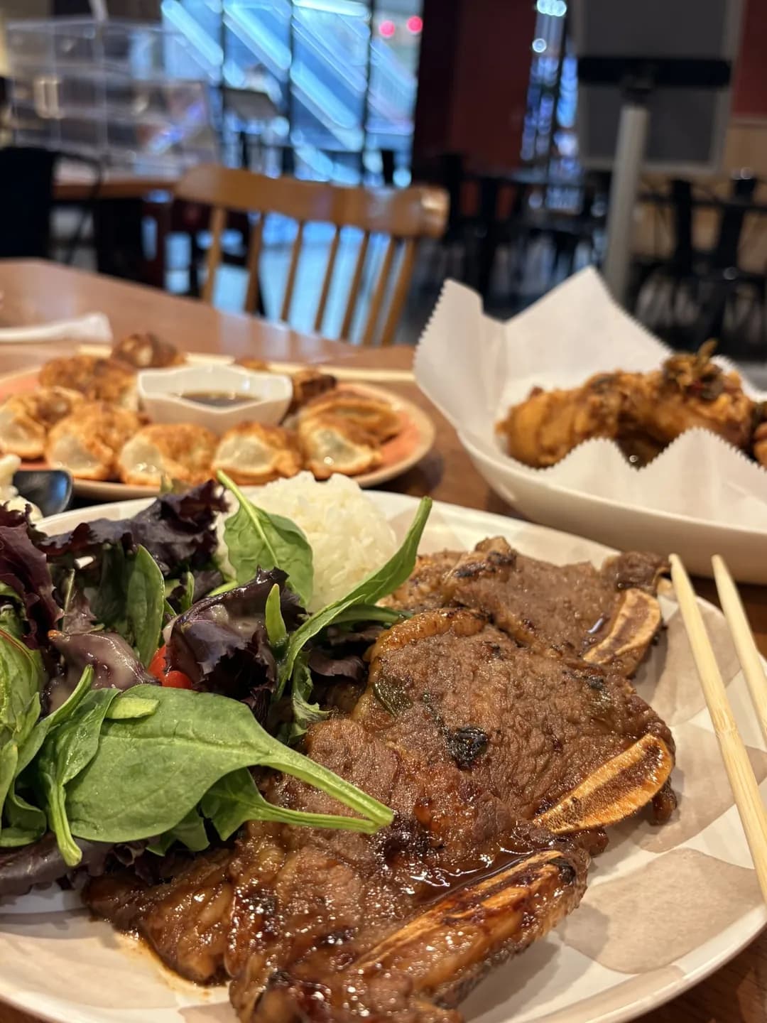 LA kalbi plate at Good Chicken Waikiki — grilled marinated short ribs with rice and salad