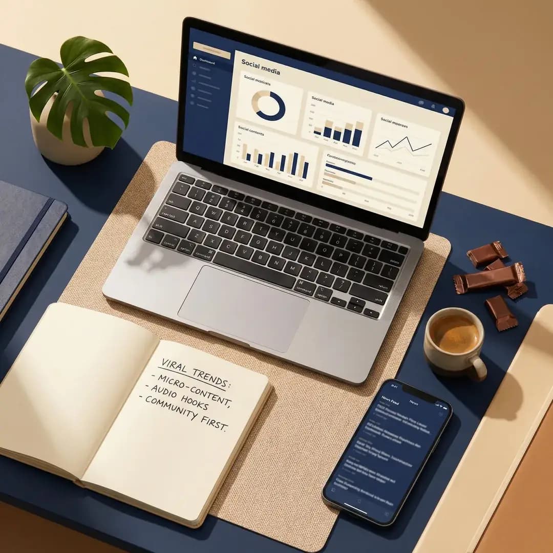 NateEatsHawaii LLC marketing agency workspace β laptop showing social media analytics dashboard, notebook with viral trends notes, and espresso