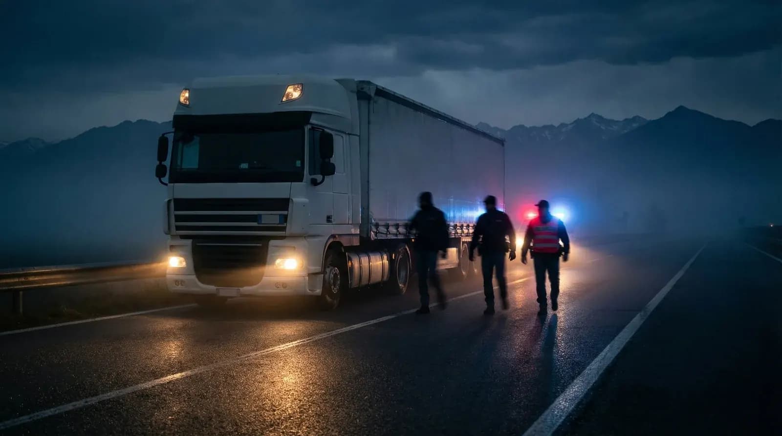 Cinematic nighttime scene of a white European cargo truck stopped on a foggy Italian highway with figures approaching β KitKat heist marketing lessons