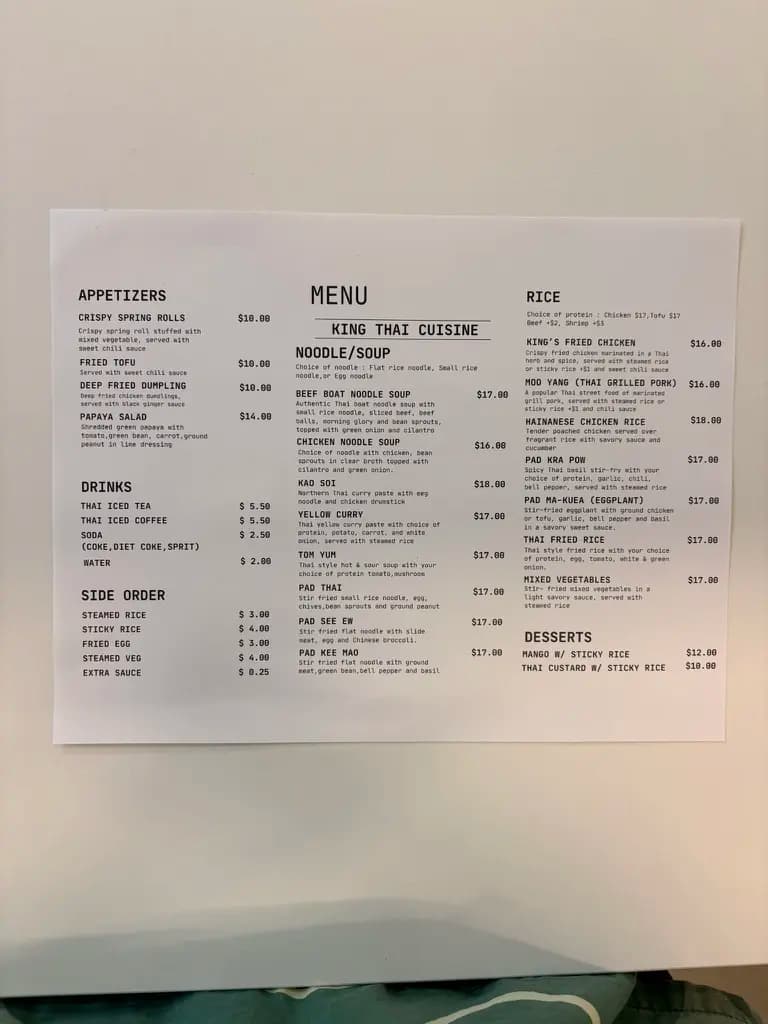 King Thai Cuisine full menu with prices at Midtown Eats food hall