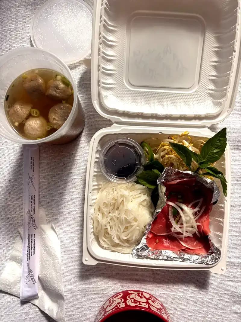 Rare Steak and Meatball Pho from Ms Nguyen at Midtown Eats grand opening with fresh herbs and bean sprouts