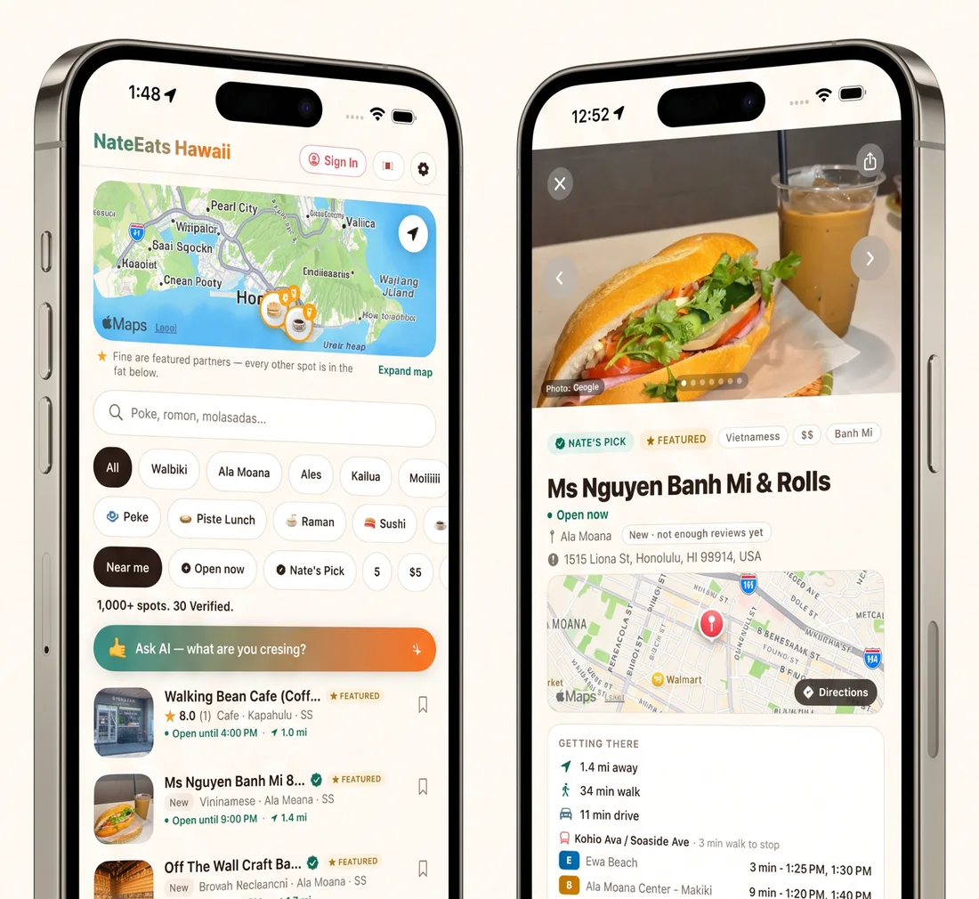 NateEats screens showing saved spots and lists
